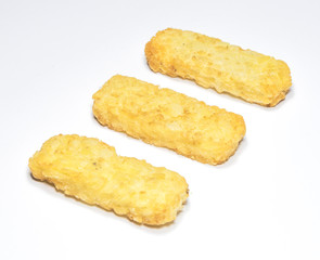 Hash brown pattie on white background..