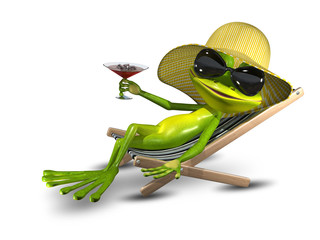 Frog in a hat on a deck chair with a glass - obrazy, fototapety, plakaty