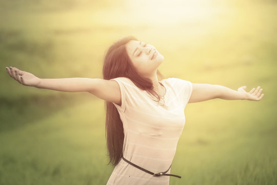 Lovely Woman Breathe Fresh Air At Field