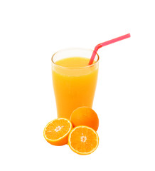 Orange juice and slices of orange isolated on white