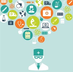  Silhouette of doctor with many medical icons 
