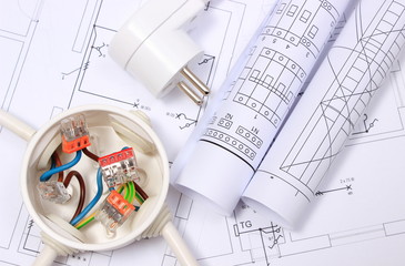 Electrical box, electric plug and diagrams on drawing