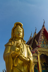 Fototapeta premium gold Guanyin statue standing with temple background