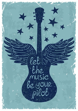 Retro musical illustration with silhouette of guitar.