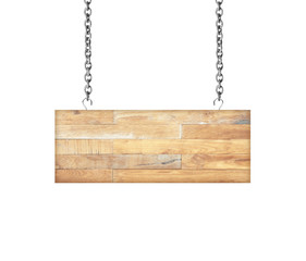 Wooden sign hanging on a chain isolated on white