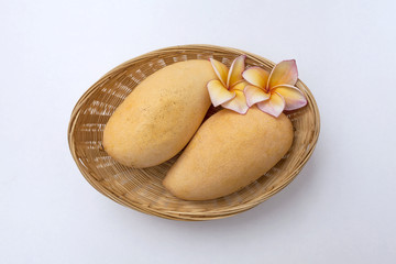 Two yellow thai mango in the basket with plumeria flower 