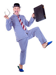 cheerful man in pajamas with suitcase