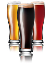 Glasses of Beer Set - Lager, Stout, Amber. Isolated Vector Illustration.