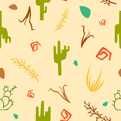Seamless background pattern with plants of desert, cactus.