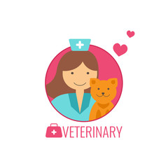 Veterinary medicine concept.  Doctor with dog. Flat style icon.