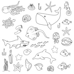 Sea animal hand drawn set