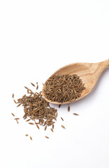 Spice in wooden spoon with space on white background