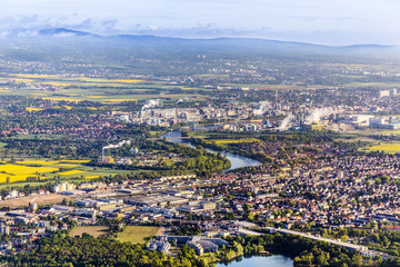 aerial of farmland and industry plant of Frankfurt Hoechst, Germ