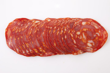 Cut slices of red iberian chorizo