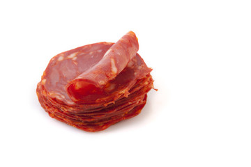 Cut slices of red iberian chorizo