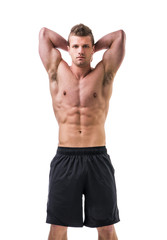Muscular young man with arms up, isolated on white background