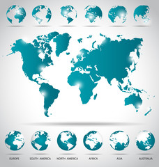 Fototapeta na wymiar Modern globes and world map, vector illustration.