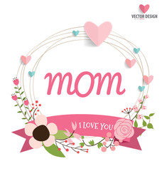 Happy Mother's Day, Floral bouquets with ribbon and heart, vecto