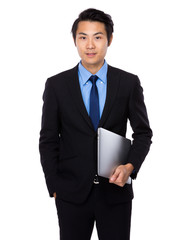 Businessman hold with laptop computer