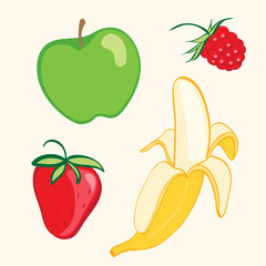 Fruit set. Banana, strawberry, apple