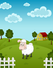 Obraz na płótnie Canvas Vector illustration of funny sheep on farm landscape