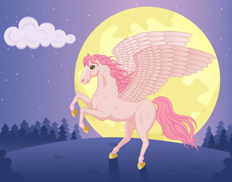 Vector illustration of beautiful Pegasus and big moon