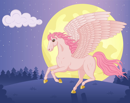 Vector illustration of beautiful running Pegasus and big moon