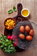 cooking Ingredients: radishes, eggs, corn. Preparation of light