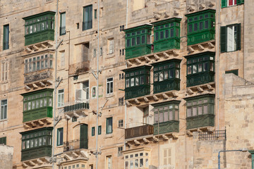 Typical Maltese covered balconies in Valletta, Malta