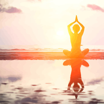 Vector illustration of yoga woman on sea sunset.