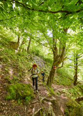 Obraz premium Family of hikers walking on a mountain trail