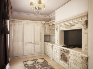 3D rendering of a drawing room, corridor and kitchen in classica