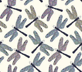Hand drawn dragonflies seamless pattern