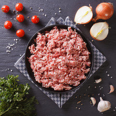 Raw minced pork and fresh vegetables top view
