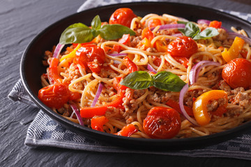 Italian food: pasta with minced meat and vegetables