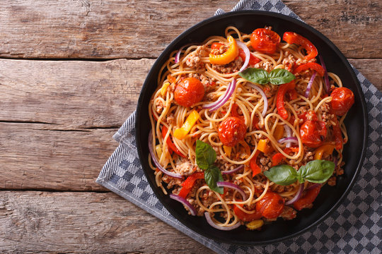 Spaghetti with minced and vegetables. horizontal top view
