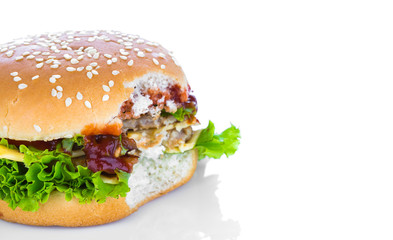 Bitten hamburger on white background