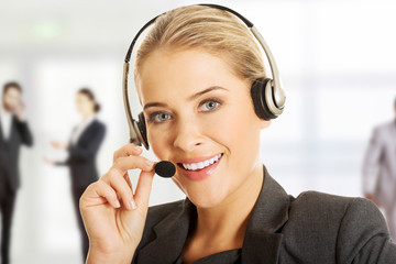 Call center woman talking to customer