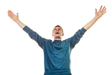 Happy man successful lad with arms up