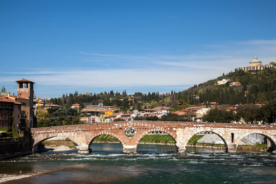 Ancient Roman Ponte Pietra  bridge in Verona, Italy