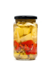 Jar of Marinated Artichoke Salad. Selective focus.