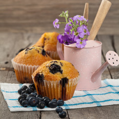 Homemade blueberry muffins with fresh blueberries
