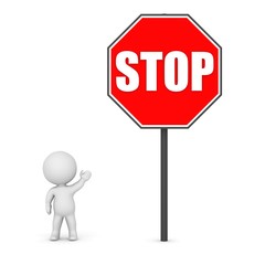 3D Character Showing a Large Stop Sign
