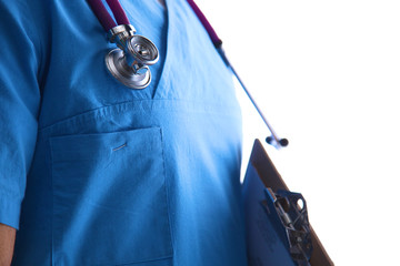 Closeup portrait of a  doctor with stethoscope holding folder