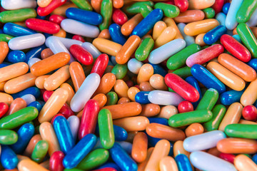 Close up of many colorful pills (medicines)