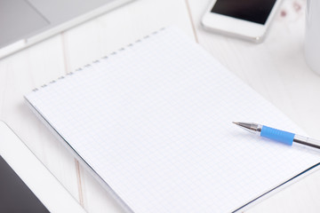 Workplace business. blank empty notebook, laptop, tablet pc, mob