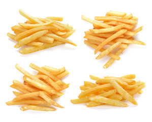 pile of appetizing french fries on a white background