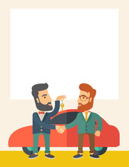 Man handed a key to other man