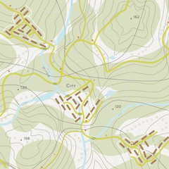 Topographic map of territory with rivers, forests and roads