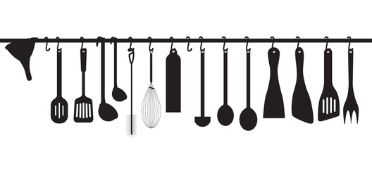 A collection kitchen utensils hanging on the chromed bar. Illustration